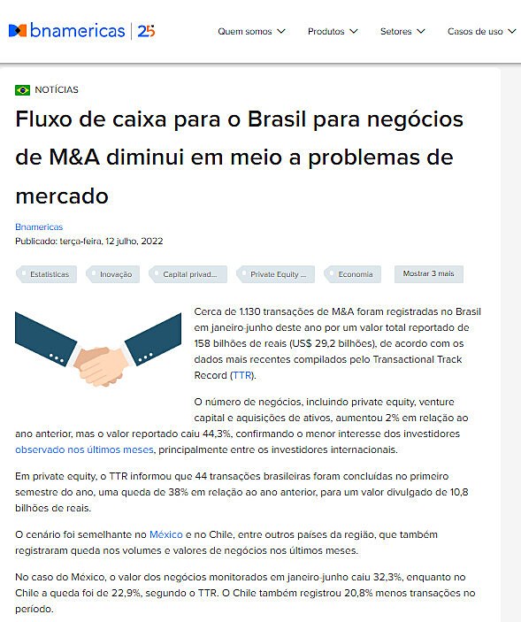 Fluxo de caixa para o Brasil para negcios de M&A diminui em meio a problemas de mercado